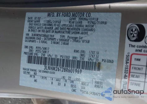 2008 Lincoln Mkz z USA, uszkodzony, nr VIN 3LNHM26T28R601969